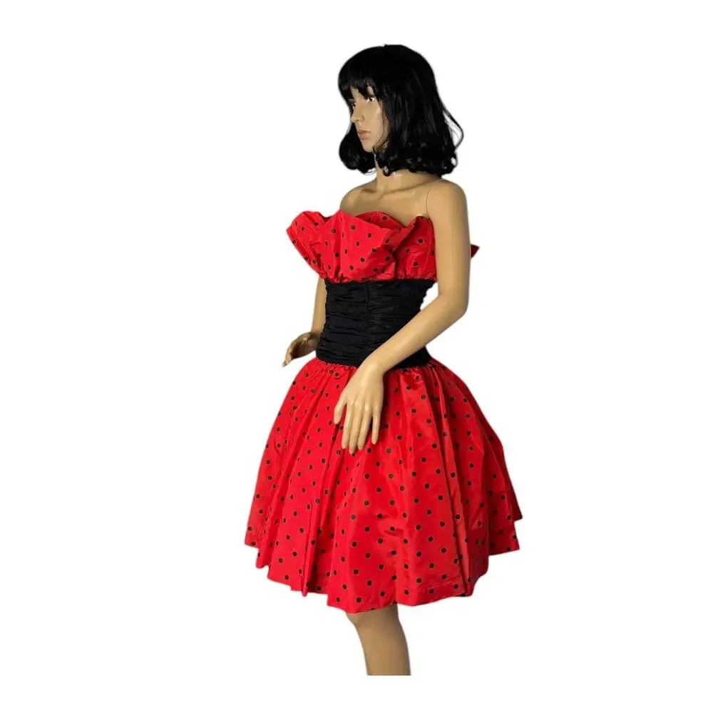 1980s Vintage Red Black Polka Dot Strapless Party Dress XS